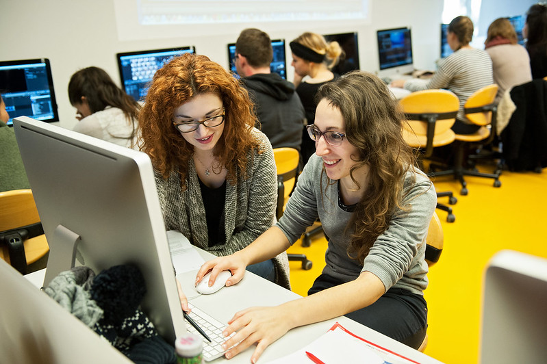 Sieben Studierende an Computerarbeitsplätzen